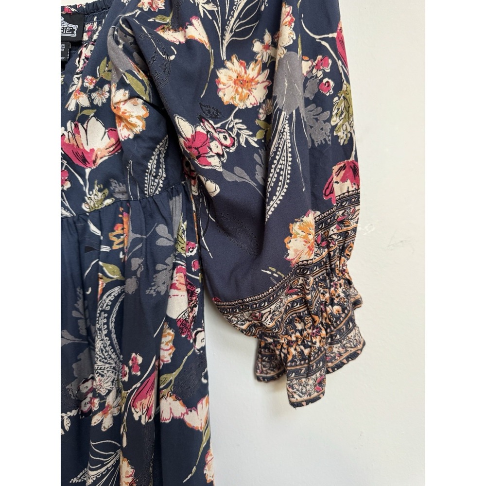 Boho Floral Babydoll Mini Dress L Navy Cottagecore Spring Festival Fairy - Picture 4 of 16